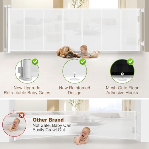 Miumoon 120 inch Reinforced Retractable Baby Gates 34 inch Tall - color: White, size: 34" Tall x 120" Wide