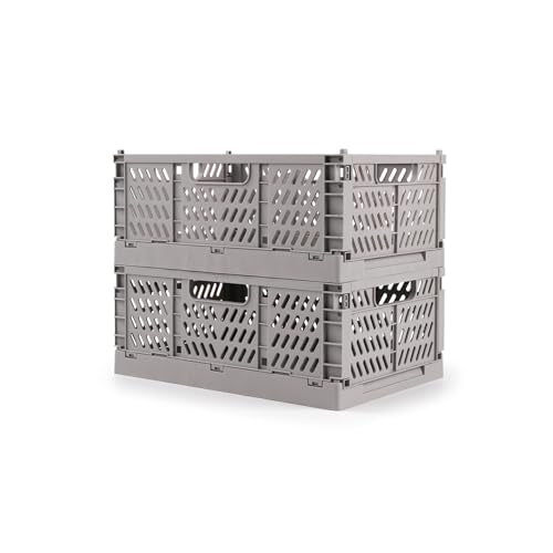 2 Pack Stackable Storage Crates, Plastic Foldable Baskets Small Gray - color: Gray, size: Small: 11.8" x 7.8" x 4.7"