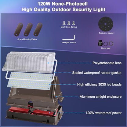 ledmo 120W LED Wall Pack Light Outdoor 6 Pack Exterior Commercial Lighting Fixture Waterproof Wall Mount for Parking Barn Warehouse Shop - size: 6 Pack Non Photocell