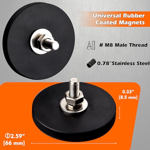 MUTUACTOR Neodymium Rubber Coated Magnets,2PCS Anti-Scratch Rubber Rare Earth Magnet with M8 Male Thread,Strong Mounting Magnets for Off-Road Vehicle Lighting LED Signal Lights - size: 60 lbs M8 Male 2pcs with rubber coating