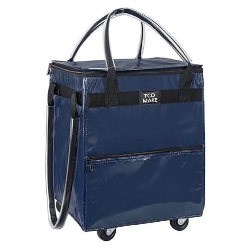 Small DK Blue Reusable Grocery Bag on Wheels, Folding Rolling Tote - color: Dk Blue, size: Small