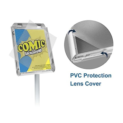 Adjustable Pedestal Poster Sign Stand with Heavy Duty Base Sign Holder Aluminum Snap Open Frame for 8.5 x 11 inches Both Vertical and Horizontal View Displayed Used for Living and Business(Silver）