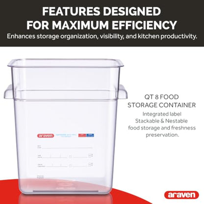 Araven Square Food Container, Food Container Commercial, 8 QT, Clear