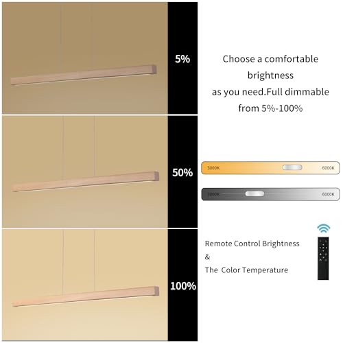 39" Wood Linear Pendant Light Fixture Modern LED Pendant Lights Led Dimmable Chandelier with Remote Control Ceiling Hanging Lights Pool Table Lights for Dining Room Kitchen Island Lights Natural - color: Natural, size: 39in