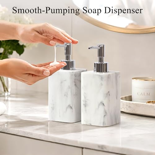 YMXYJM 2 pcs Hand Soap Dispenser Set, 11oz Refillable Resin Liquid Soap Dispensers with Rustproof Pump, Lotion Dispenser Includes Silicone Funnel for Bathroom Countertop or Kitchen, Marble-Effect - color: Marble White