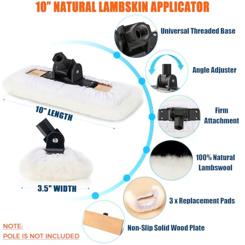 4 Pack 10 Inch Lambswool Applicator Kit, 180° Adjustable Lambskin Deck Stain Applicator, 100% Natural Lambswool Pads for Wood Deck, Fence, Floor Finish, Wax Staining, Polyurethane Application