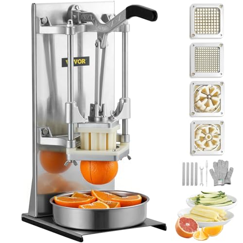 VEVOR Commercial French Fry Cutter with 4 Replacement Blades, 1/4 and 3/8 Blade Easy Dicer Chopper, 6-wedge Slicer and 6-wedge Apple Corer, Lemon Potato Cutter for French Fries with Extended Handle - size: 1/4" + 3/8" + 6-Wedge Slicer + 6-Wedge Apple Core
