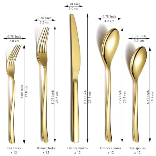 Berglander Gold Silverware Set 60pcs Service for 12, Golden Titanium Plating Stainless Steel Flatware Set, Gold Spoons Forks Knives Set for Home, Wedding, Restaurant, Hotel, Dishwasher Safe - color: a. 60 Pcs A
