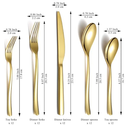 Berglander Gold Silverware Set 60pcs Service for 12, Golden Titanium Plating Stainless Steel Flatware Set, Gold Spoons Forks Knives Set for Home, Wedding, Restaurant, Hotel, Dishwasher Safe - color: a. 60 Pcs A