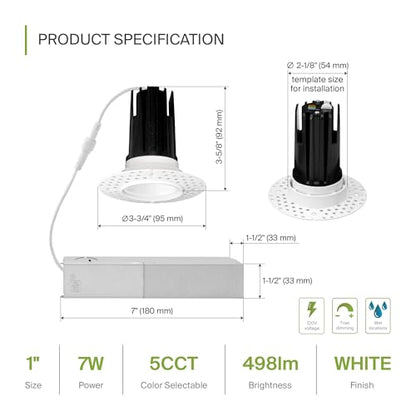 ASD 1 Inch Trimless LED Recessed Ceiling Light Fixture, Mud-in Canless Downlight with Junction Box, 5CCT Selectable 2700K-5000K, 7W 498 Lumens, CRI90+, Anti-Glare, Dimmable, IC & Wet Rated, ETL - color: White 1 Pack, size: 1" 7 Watt