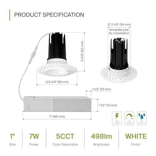 ASD 1 Inch Trimless LED Recessed Ceiling Light Fixture, Mud-in Canless Downlight with Junction Box, 5CCT Selectable 2700K-5000K, 7W 498 Lumens, CRI90+, Anti-Glare, Dimmable, IC & Wet Rated, ETL - color: White 1 Pack, size: 1" 7 Watt