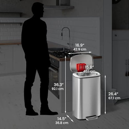 iTouchless SoftStep Combo Pack 13.2 & 1.32 Gallon Kitchen and Bathroom Trash Cans with Odor Filter & Inner Bucket, Stainless Steel Pedal Recycle Garbage Bins for Home & Office Soft and Quiet Lid Close