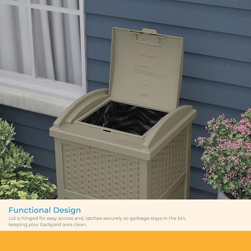 Suncast Wicker Resin Outdoor Hideaway Trash Can with Latching Lid for Use in Backyard, Deck, or Patio, Dark Taupe - color: Dark Taupe