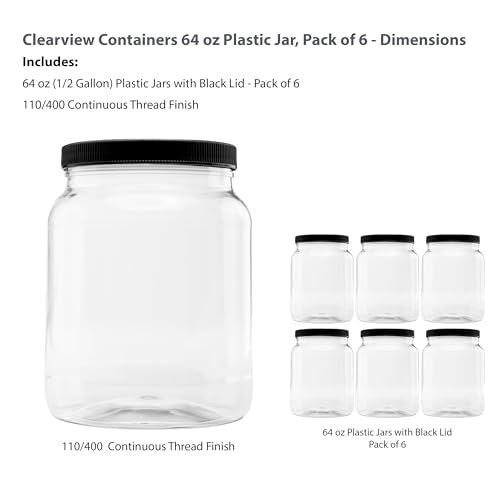 6 Pack - 64 oz (Half Gallon) Plastic Storage Jars with 110-400 Leak Proof Black Lid, Food Grade, BPA Free, Hand Wash Only (64oz, 6pk, BLK) - size: 6pk - 64oz, Black