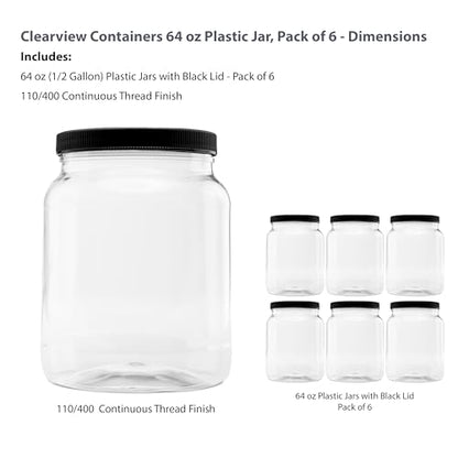 6 Pack - 64 oz (Half Gallon) Plastic Storage Jars with 110-400 Leak Proof Black Lid, Food Grade, BPA Free, Hand Wash Only (64oz, 6pk, BLK) - size: 6pk - 64oz, Black