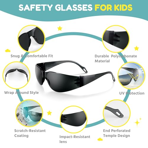 24 Pack Kids Tinted Safety Glasses, ANSI Z87.1 Dark Smoke Lens UV400 Protection Child Protective Eyewear Scratch & Impact Resistant Youth Safety Goggles Gray Black for School Outdoor Sports - color: Gray