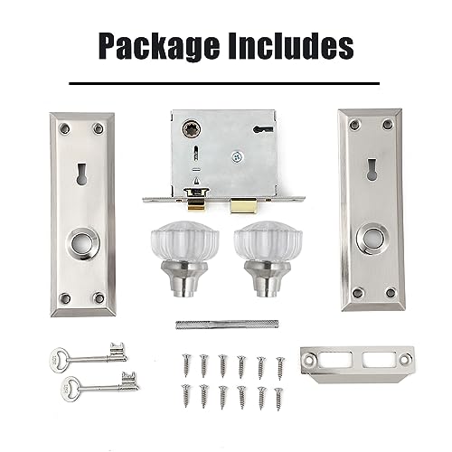 2 Pack Mortise Lock Set for Interior Door,Antique Door Knobs with Lock and Skeleton Key, Crystal Glass Door Knob Replacement, Brushed Satin Nickel Finish - color: Brushed Nickel, size: Mortise(2 Pack)