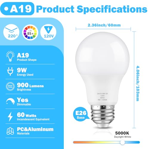 Maylaywood A19 LED Light Bulb 60W Equivalent, Dimmable 5000K Daylight White - color: Daylight White