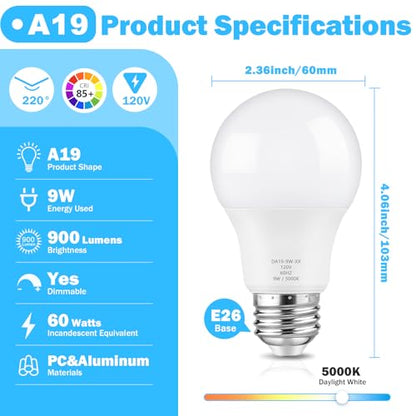 Maylaywood A19 LED Light Bulb 60W Equivalent, Dimmable 5000K Daylight White - color: Daylight White
