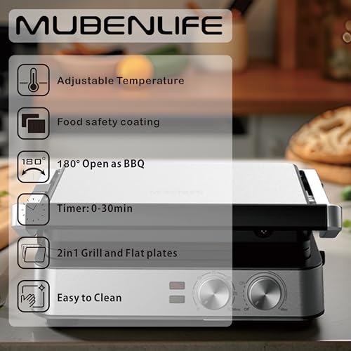 Panini Press,4 Slices Contact Grill with Removable Non-Stick Coated Grill and Flat Plates,Panini Makers with Temperature Control and Timer,Open 180 Degrees,Grill and Griddle (Silver wtih Full SUS) - color: Silver wtih Full SUS