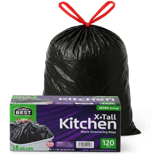 Heavy-Duty Trash Bags – 120 count, 18 Gallon Black, Ultra Thick Drawstring Garbage Bags – Leak-Resistant for Home & Commercial Use, Big Trash Bags, Made in USA - color: Black, size: 1 Count (Pack of 120)