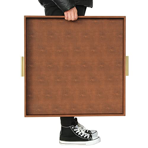 HofferRuffer Extra Large Square Serving Tray, Elegant Faux Leather Ottoman Tray with Gold Hardware Handles, Serve Tea, Coffee or Breakfast in Bed, 24 x 24 inches (Brown Shagreen) - color: Brown Shagreen, size: 24" x 24" x 2"