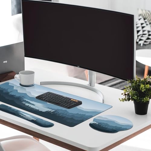 Arttown Keyboard Mouse Pad Set, 4 in 1 Desk Mat Set Mountains Blue - color: Blue Mountains