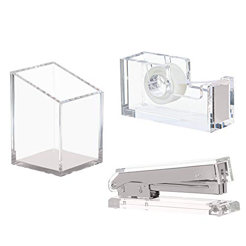 Punch & Stick | Stationery & Desk Accessories | Pen Holder, Stapler & Tape Dispenser | Silver & Clear Acrylic Lucite | Office Desk Accessories | Office Gift Set - color: Silver