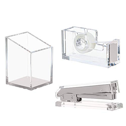 Punch & Stick | Stationery & Desk Accessories | Pen Holder, Stapler & Tape Dispenser | Silver & Clear Acrylic Lucite | Office Desk Accessories | Office Gift Set - color: Silver