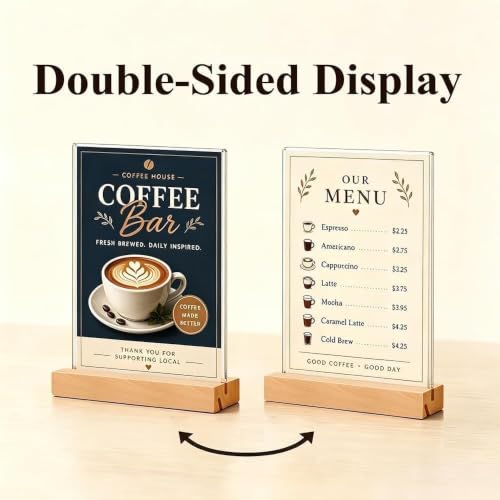 5x7 Acrylic Sign Holder with Wooden Base 4 Pack Adjustable Vertical/Tilt - color: Natural, size: 5"x7"