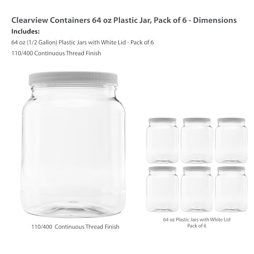 6 Pack - 64 oz (Half Gallon) Plastic Storage Jars with 110-400 Leak Proof White Lid, Food Grade, BPA Free, Hand Wash Only (64oz, 6pk) - size: 6pk - 64oz, White