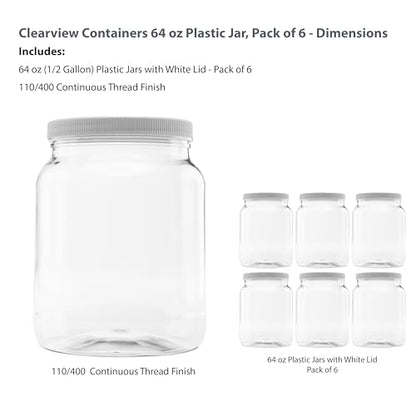 6 Pack - 64 oz (Half Gallon) Plastic Storage Jars with 110-400 Leak Proof White Lid, Food Grade, BPA Free, Hand Wash Only (64oz, 6pk) - size: 6pk - 64oz, White