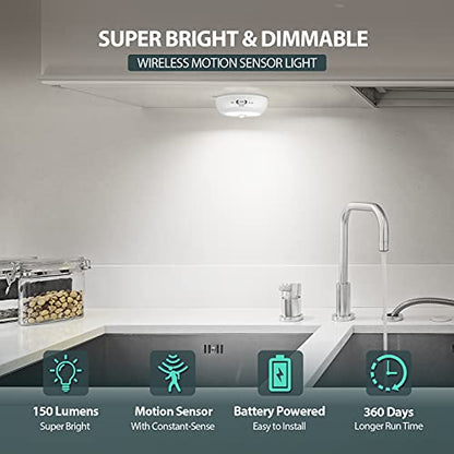 BLS Motion Sensor Light Indoor, LED Night Light Closet Lights, Under Cabinet Battery Powered Ceiling Lights, AA Battery Operated Stick on Wireless Puck Lights for Wall, Step, Stair, Dimmable (3 Pack) - color: Cool White