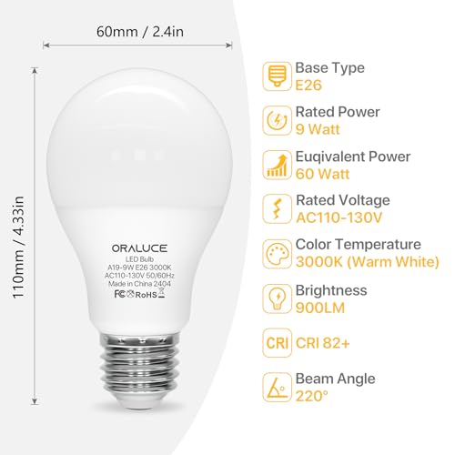 ORALUCE E26 LED Light Bulb 60 Watt, A19 9W 3000K Warm White, 12 Pack - color: Warmwhite, size: 12 Count (Pack of 1)