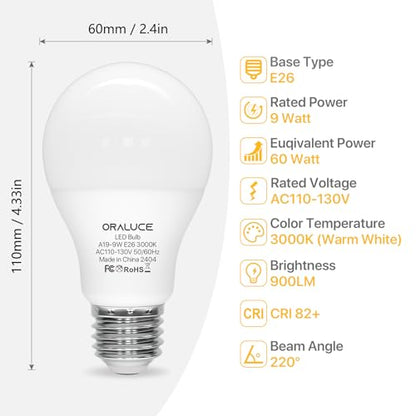 ORALUCE E26 LED Light Bulb 60 Watt, A19 9W 3000K Warm White, 12 Pack - color: Warmwhite, size: 12 Count (Pack of 1)