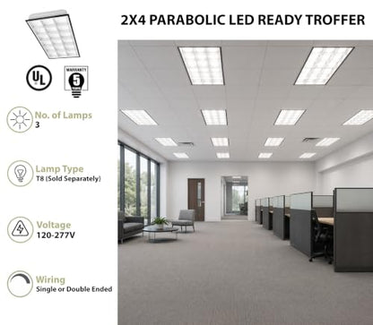 WareLight 2X4 LED Ready Parabolic Troffer Fixture, 18-Cell, 3-Lamp T8 LED Ready (Sold Separately), Non-Shunted Sockets, Single & Double Ended Wiring, 120-277V - size: 2x4