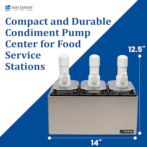 San Jamar CFS Jamar P9713 Stainless Steel Condiment Pump Service Center with 3 Wells Black Jars, 14" Length x 7-7/8" Width x 12-1/2" Height - style: 3 Pumps