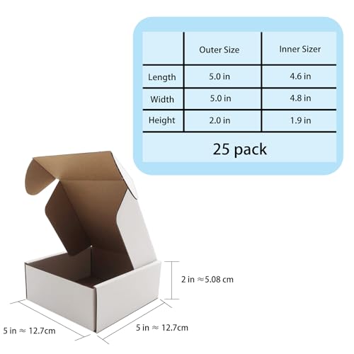 5x5x2 inch White Shipping Boxes 25 Pack,Small Gift Boxes,Bulk of Mailers - size: 5''x5''x2''