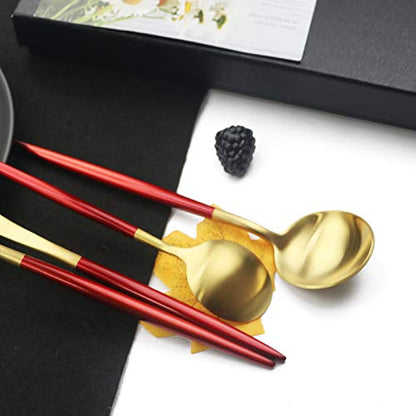 JASHII Luxury 18/10 Red Handle Flatware Gold Silverware Set 304 Stainless Steel Flatware Cutlery Set| 5-Piece Adaline Royal Modern Satin Finish| BEST Birthday Wedding Gift (Red Handle Matte Gold) - color: Red Gold, size: Service for 1