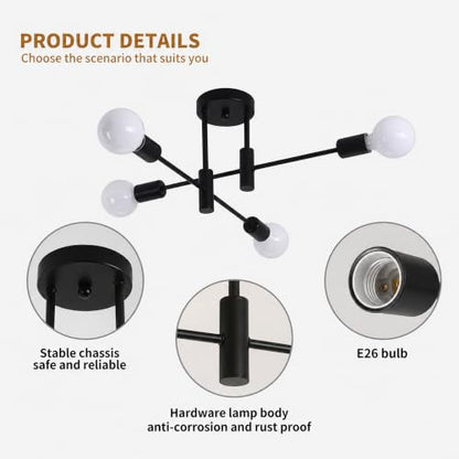 Garwarm 4-Light Sputnik Semi Flush Mount Ceiling Light, Matte Black Fixture - color: 4-Lights,Black