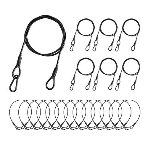 20-Pack Safety Security Cables for DJ Stage Lighting, 2ft Stainless Steel Cable with 1/8" Diameter, Black Ropes with Loops and Carabiner for Safe Attachment - size: 1/8"+2ft+20pcs
