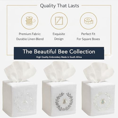 Jacaranda Living Square Tissue Box Cover, Linen/Cotton Fabric Tissue Holder, Decorative Cloth Tissue Cube Cover, Embroidered Bee Designs, Napoleon Bee Wreath (White) - color: Napoleon Bee Wreath (White)