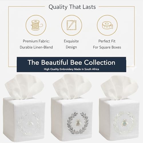 Jacaranda Living Square Tissue Box Cover, Linen/Cotton Fabric Tissue Holder, Decorative Cloth Tissue Cube Cover, Nature Designs Napoleon Bee Wreath (Pewter) - color: Napoleon Bee Wreath (Pewter)
