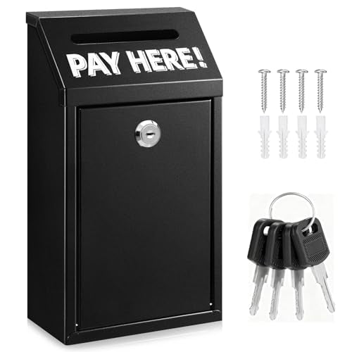 Metal Donation Box with Lock – Wall Mounted Cash Money Box with Slot for Cash Deposit, Hualleko Money Drop with Lock and Slot for Home/Office/Outdoors 10.2 x 5.6 x 2.9 Inch(Black) - color: Black