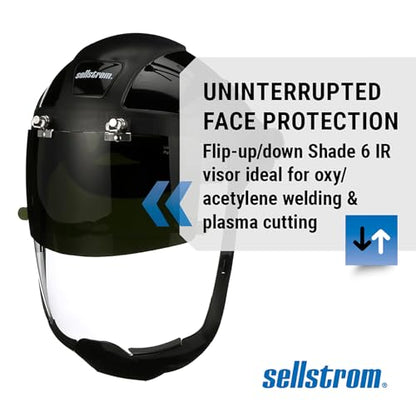 Sellstrom DP4 Face Shield - Lightweight Mask with High Impact Crown & Ratchet Headgear for Work, Grinding, Plasma/Flame Cutting - ANSI Z87.1 - Clear Anti Fog Polycarbonate Window - UV/IR Flip Up Visor - style: Shade 6 Infrared Visor W/ Chinguard