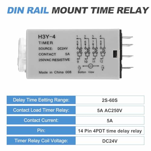 MECCANIXITY DC24V Timer Relay, 4PDT Time Relay Timing Delay ON Time 14 Pin 2S-60S Knob Control, H3Y-4