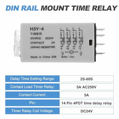 MECCANIXITY DC24V Timer Relay, 4PDT Time Relay Timing Delay ON Time 14 Pin 2S-60S Knob Control, H3Y-4