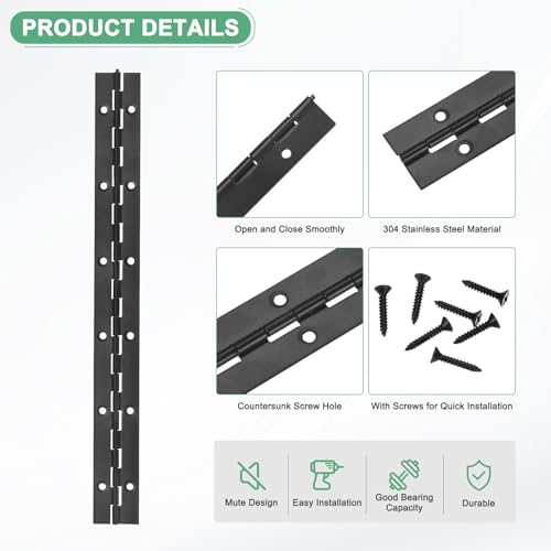 M METERXITY 6-Pack Piano Hinges, 12 Inch / 300mm 304 Stainless Steel Continuous Piano Hinge with Holes and Screws for Cabinets Door/Storage Box [1.2X 0.04/ 30x 1mm Open Width Thick, Black] - size: 12 Inch