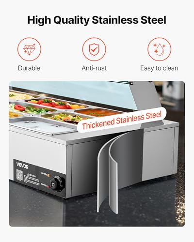 VEVOR Commercial Food Warmer, 1500W Electric Stainless Steel Steam Food Warmer with Glass Cover, 9-Pan Countertop Buffet Bain Marie with Soup & Perforated Ladles, for Catering, Restaurant & Party - size: 9x1/3Pan;72QT