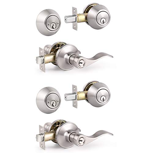 Knobonly 2 Pack Wave Handle Keyed Entry Door Lever Lock for Exterior Door with Lock and Key and Double Cylinder, Reversible for Right & Left Side, Keyed Alike Satin Nickel - color: Satin Nickel, size: 2 Pack, style: Double Cylinder